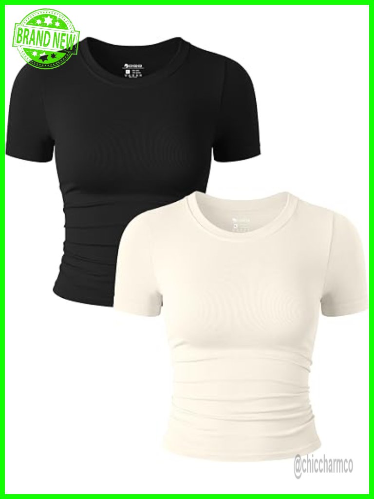 2 Pack Short Sleeve Crop Tops Crew Neck Ruched Stretch Fitted Tees